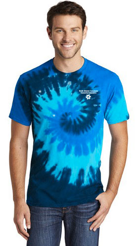 Man smiling in tie-dye t-shirt made up of different shades of blue dye. Shirt is screenprinted on the upper left chest in white.