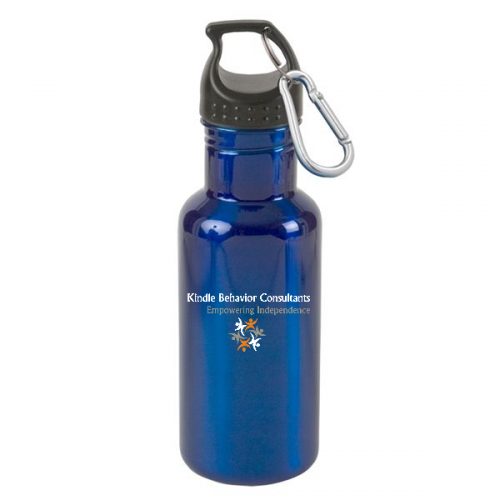 Metallic blue, stainless steel water bottle with plastic screw cap and silver carabiner clip.